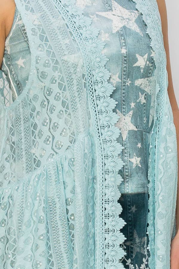 Origami Apparel ~  Lace and Crochet inspired - Flowy High-Low Lace Boho Duster Vest-U013 BLUE