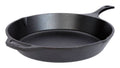 A smooth black cast iron skillet with a long handle, perfect for versatile cooking techniques.