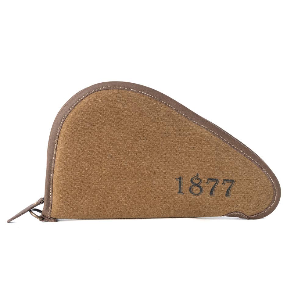 Curved silhouette gun case in antique olive with brown leather edging and printed 1877 heritage detail.