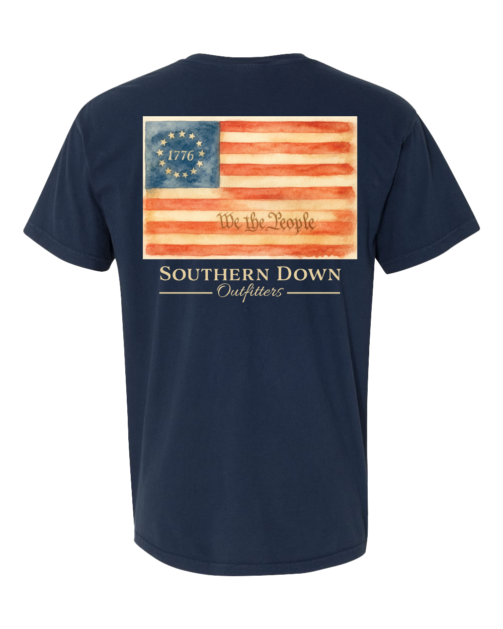 Navy We The People Tee featuring a vintage-style flag design with red and white stripes and blue stars.