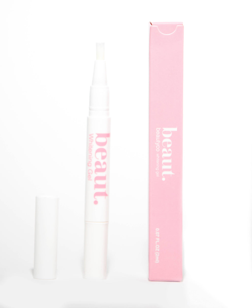 Whitening gel pen in a pink box with the brand name beaut. prominently displayed.