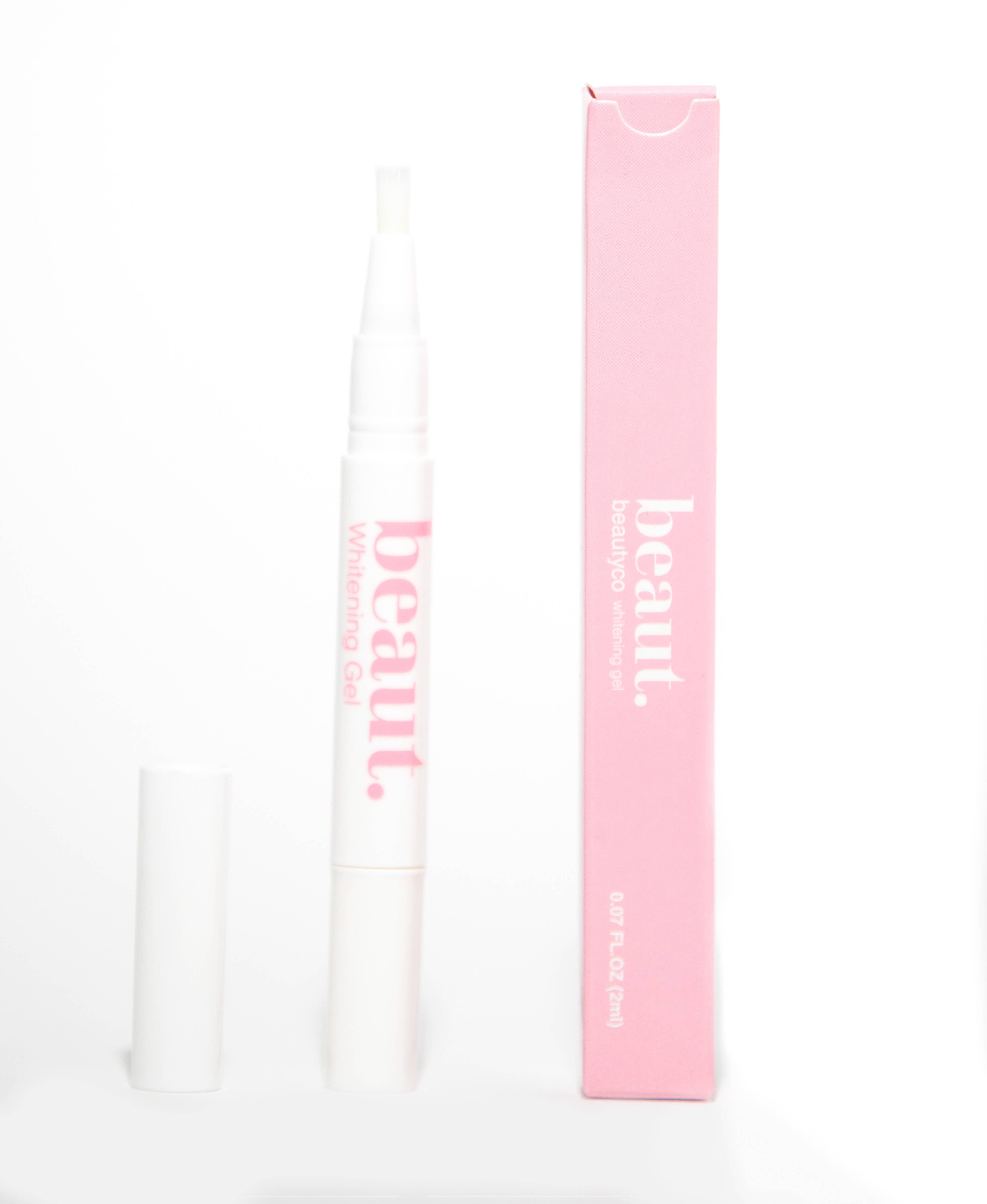 Whitening gel pen in a pink box with the brand name beaut. prominently displayed.