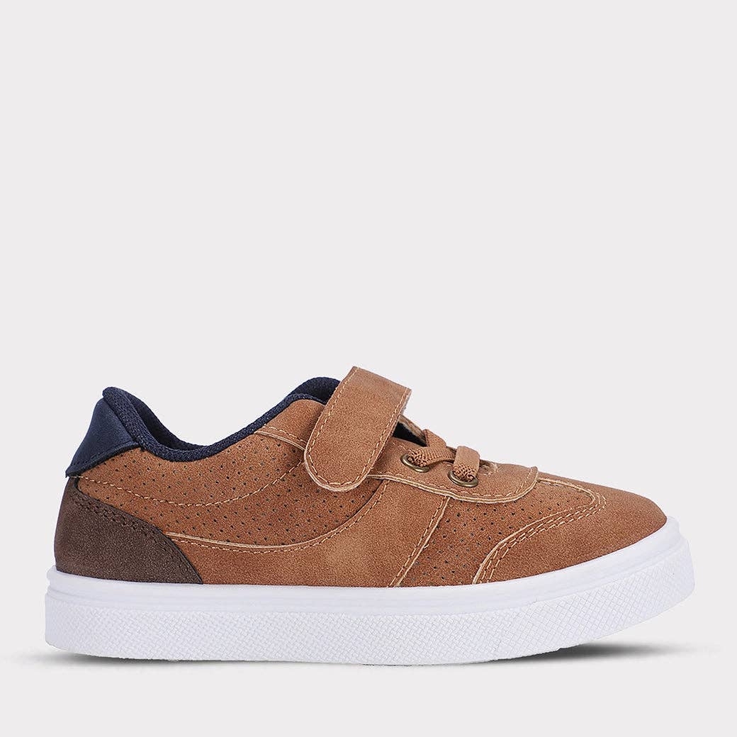 Brown sporty sneakers with hook & loop closure and elastic laces, designed for active play.