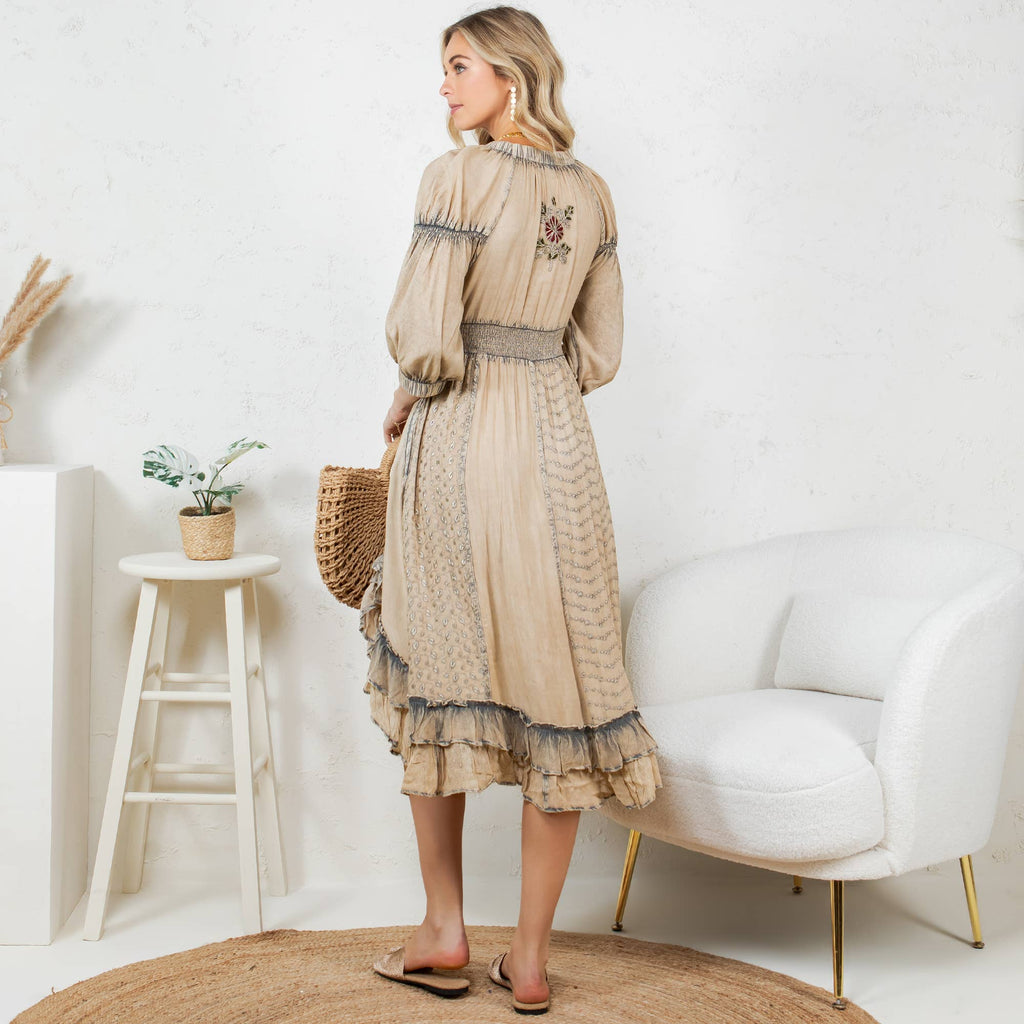 Young Threads - Effortless Elegance: Sheared & Elasticated V-Neck Dress