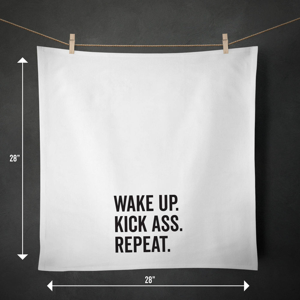 RubiaRojo - Wake Up. Kick Ass. Repeat. Inspirational Kitchen Tea Towel