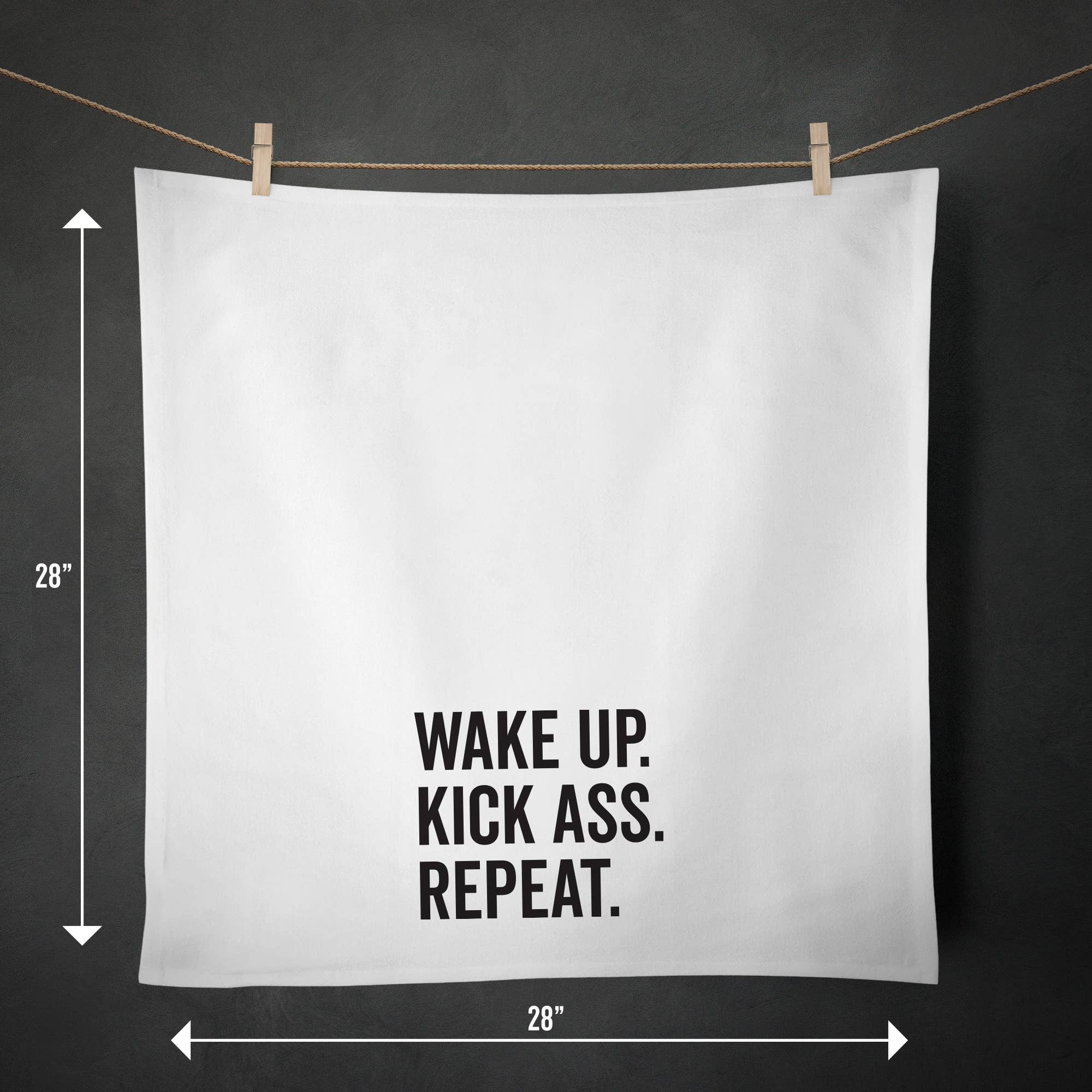 RubiaRojo - Wake Up. Kick Ass. Repeat. Inspirational Kitchen Tea Towel
