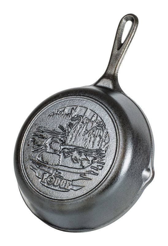 8-inch black cast iron skillet featuring a detailed mallard duck design on the cooking surface.