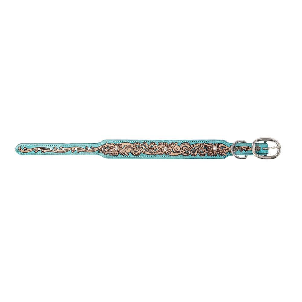 Turquoise dog collar featuring hand-tooled floral designs and sparkling crystal accents. Perfect for stylish pets.