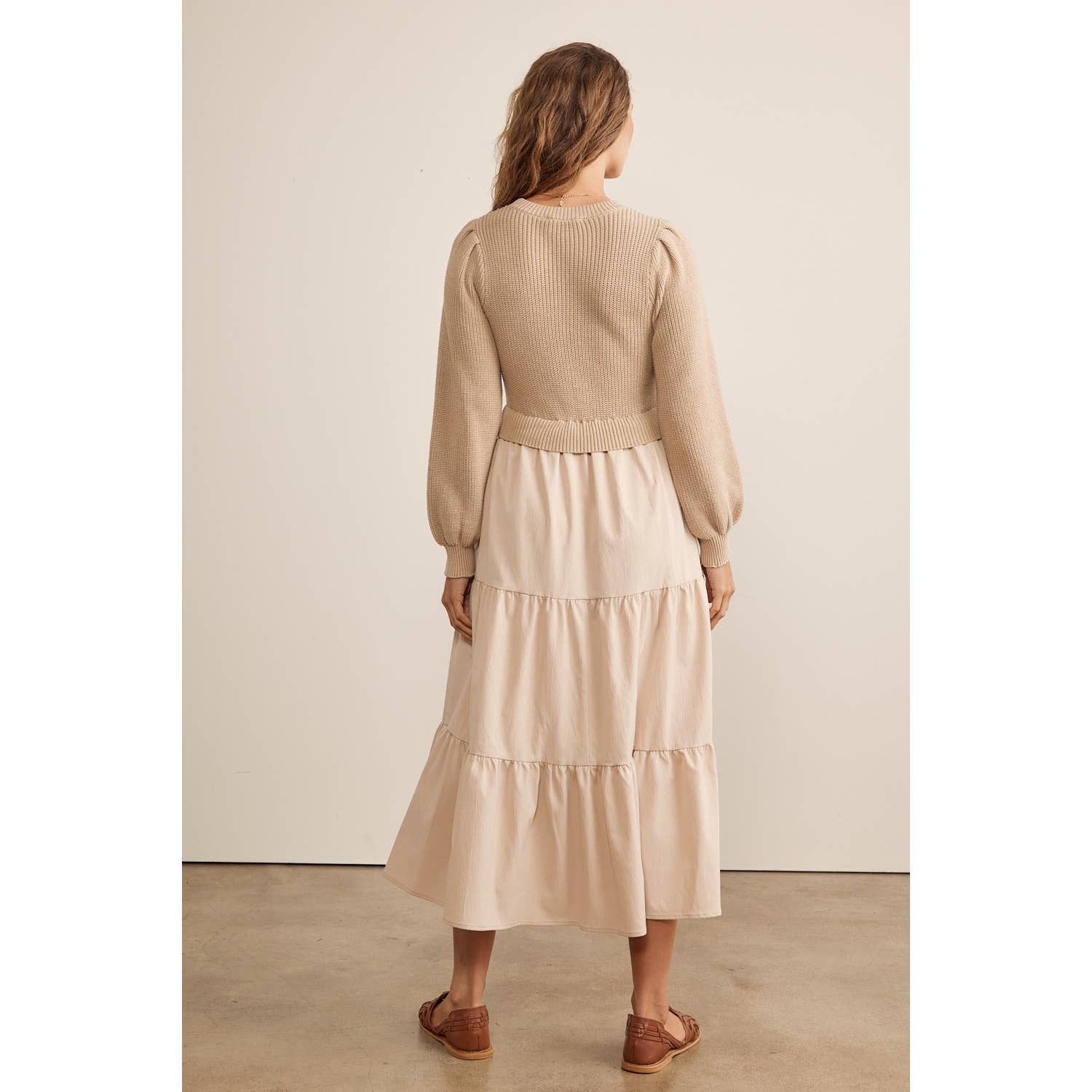 in february - SPECIAL MIXED MEDIA SWEATER MIDI DRESS WITH TIERED RUFFLES