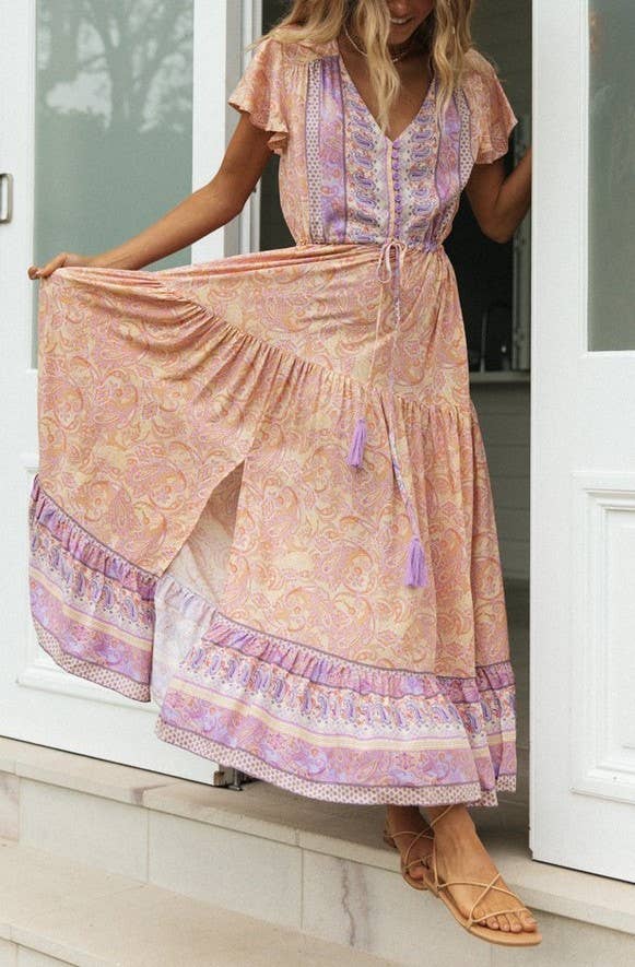 Rosa Clothing - Bohemia Border Print Flutter Sleeve Maxi Dress
