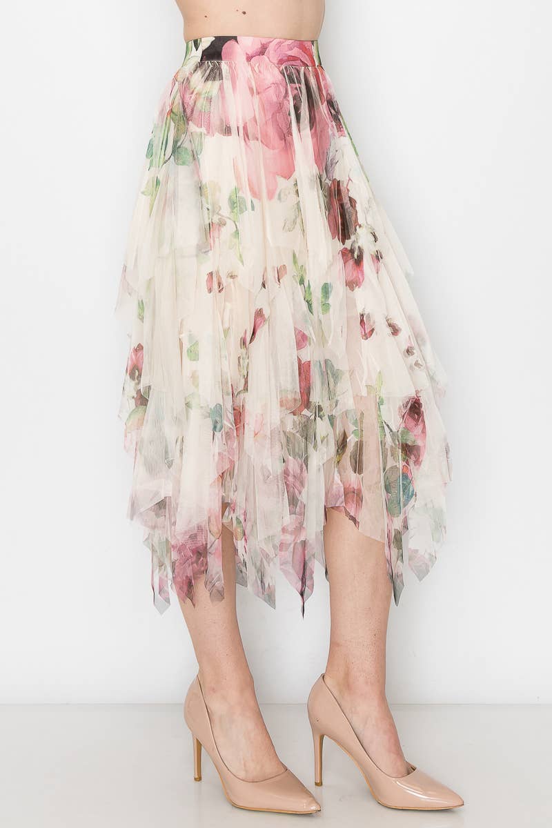 Origami Apparel ~  Lace and Crochet inspired - Dreamy Tiered Tulle Midi Skirt With Floaty Hem - 4546 BG/BIG ROSE
