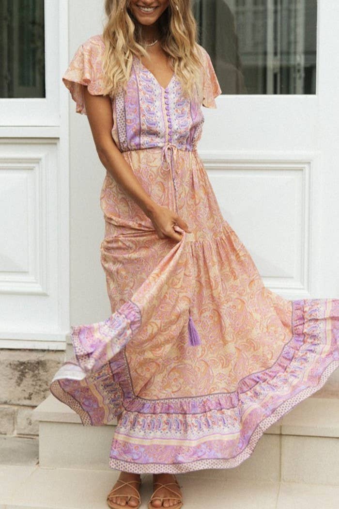 Rosa Clothing - Bohemia Border Print Flutter Sleeve Maxi Dress