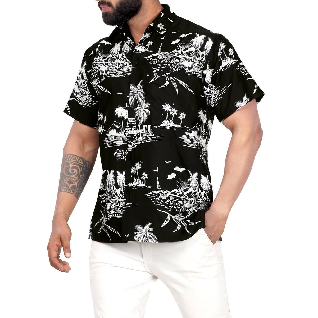 LA LEELA \ HAPPY BAY - Aloha Black Shirt For Men Palm Tree and Island P00004