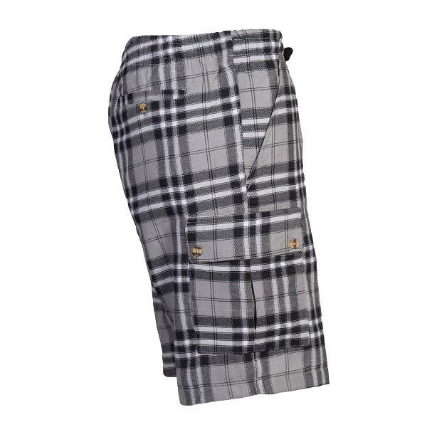 Plaid cargo shorts featuring a relaxed fit, drawstring waistband, and side pockets in shades of gray and black.