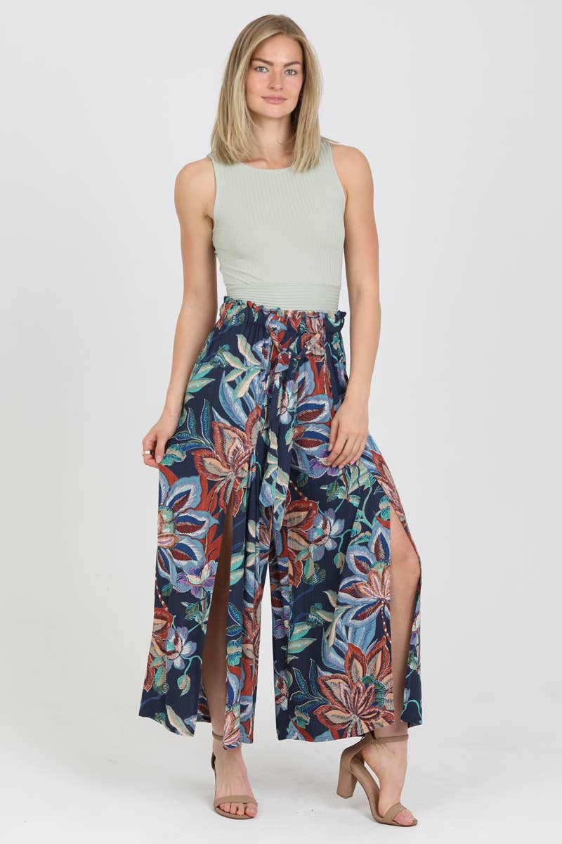 ANGIE - 25P63-FQ60 WIDE LEG PANTS WITH TIE WAIST AND FRONT SLITS