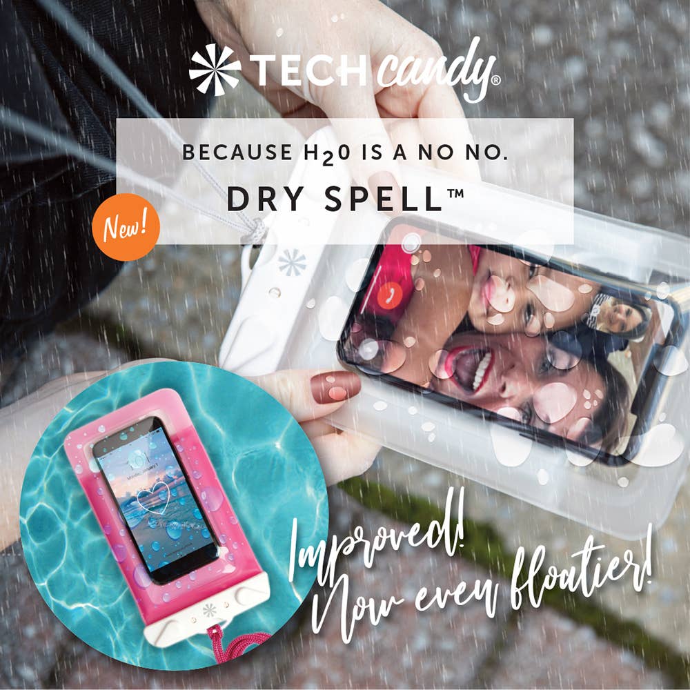 A blue phone bag with a clear window, floating in water, showcasing the Tech Candy DRY SPELL WATER DEFENDER BAG.