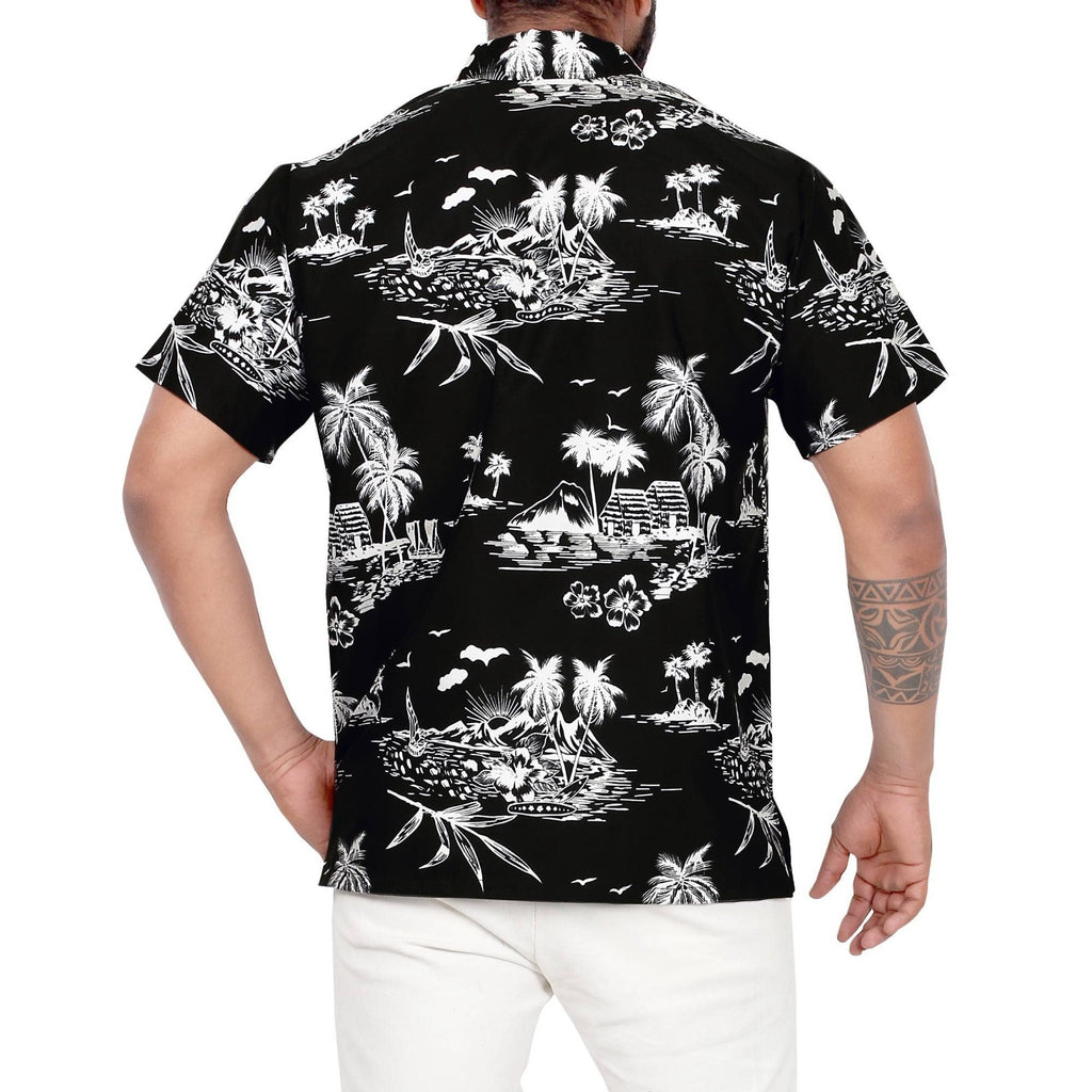 LA LEELA \ HAPPY BAY - Aloha Black Shirt For Men Palm Tree and Island P00004