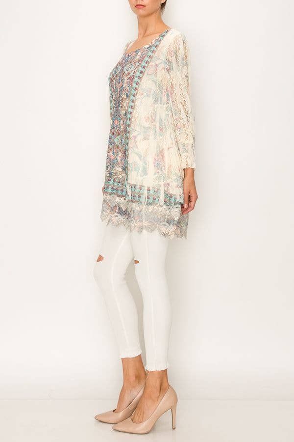 Origami Apparel ~  Lace and Crochet inspired - Graceful Long Sleeve Lace Tunic Top With Embroidery Hem - 4507BG/TURQ