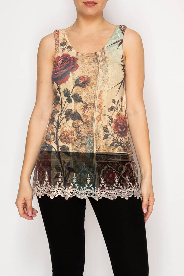 Origami Apparel ~  Lace and Crochet inspired - Soft Relaxed Tank With Delicate Floral Laced Hem - T08BG VINT BIRD