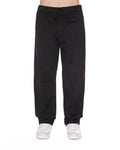 Relaxed fit black pants featuring a pleated front, elastic waistband with drawstring, and styled for a casual look.