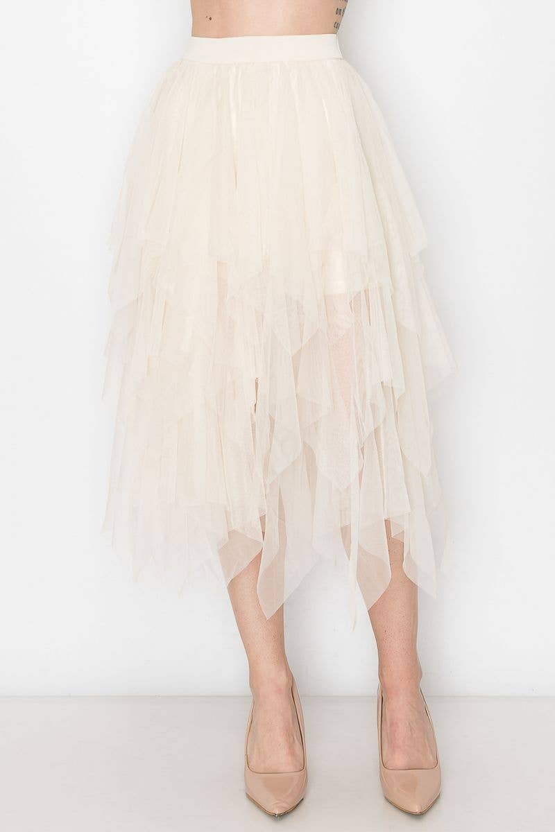 Origami Apparel ~  Lace and Crochet inspired - Dreamy Tiered Tulle Midi Skirt OLS - 4546 BEIGE