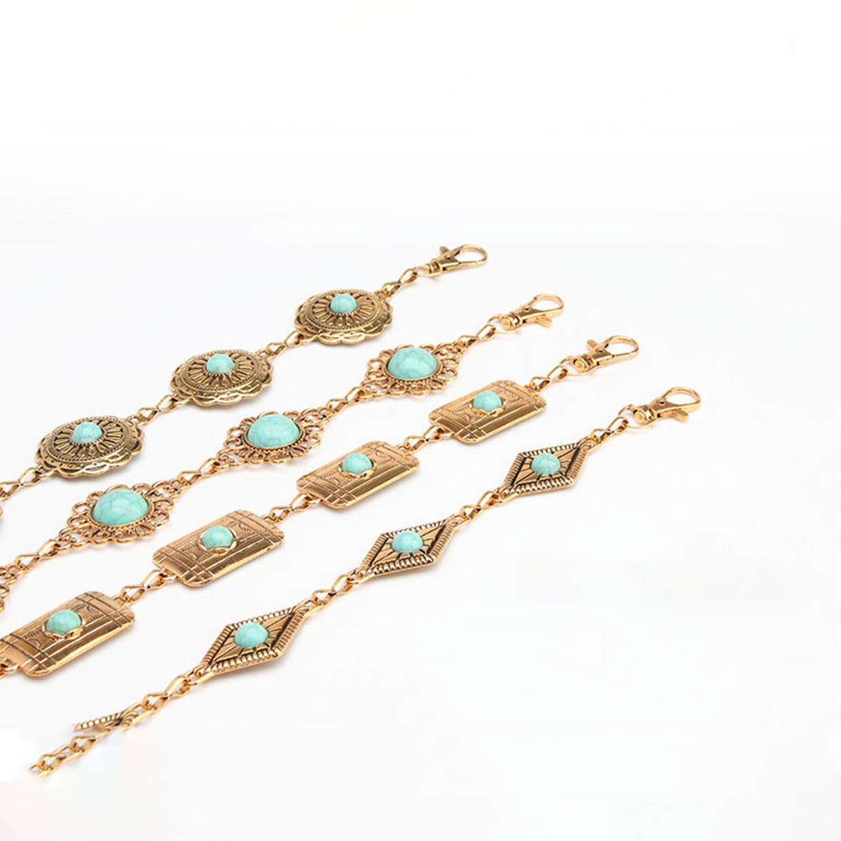 Waist chain belt featuring multiple strands with turquoise decorative elements in circular and rectangular shapes.