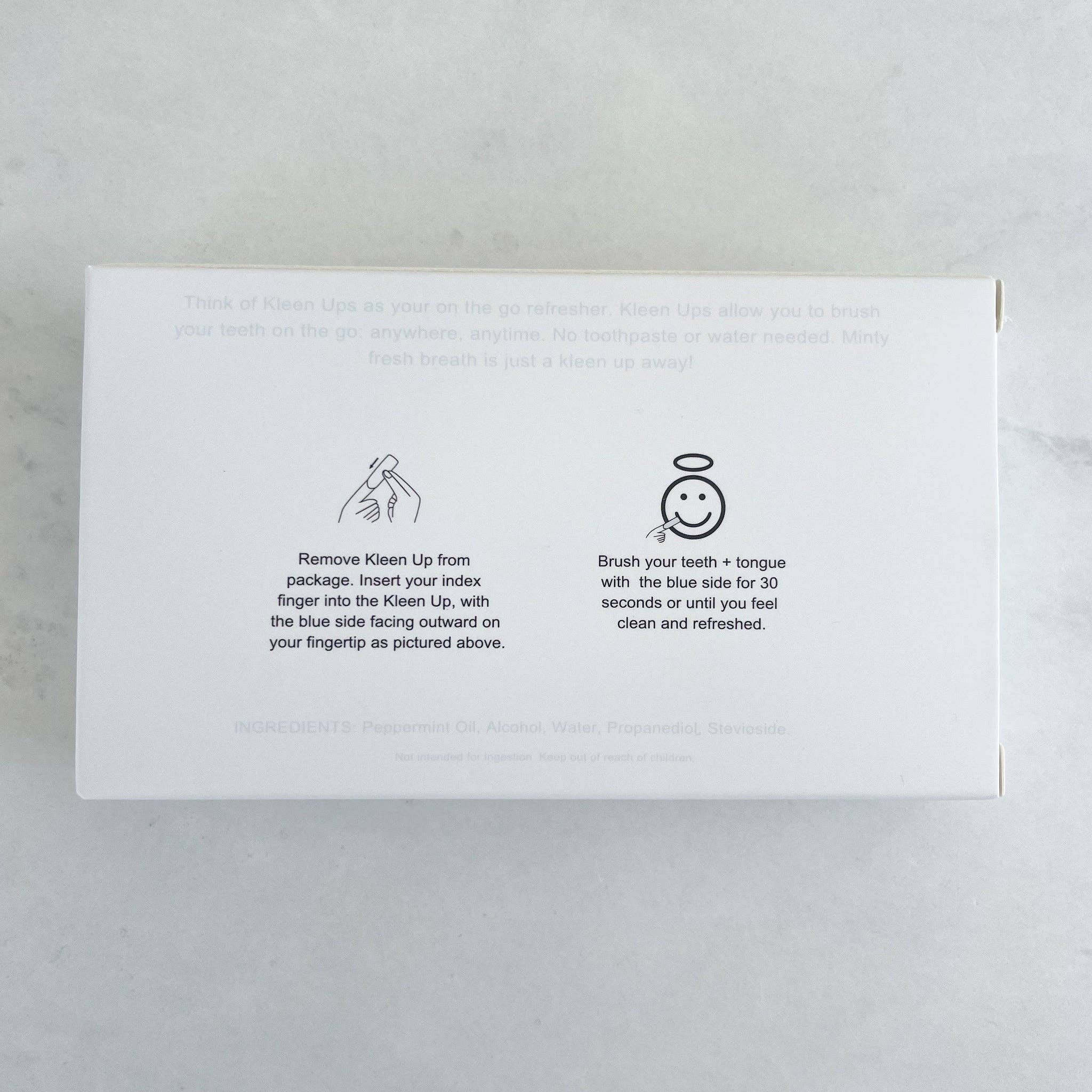Kleen Ups Mint Oral Care Refreshers Mints packaging showing instructions for freshening breath on the go.