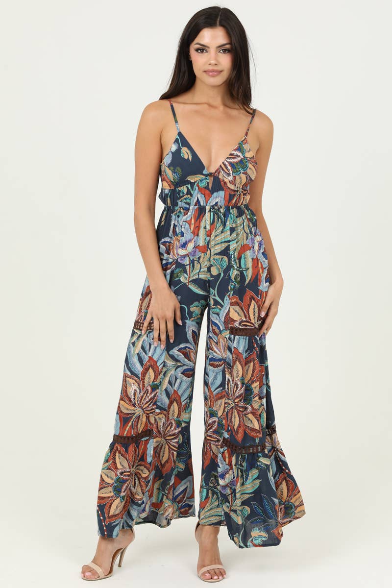 ANGIE - B5A99-FQ60 V NECK OPEN TIE BACK WIDE LEG WITH LACE INSET JUM