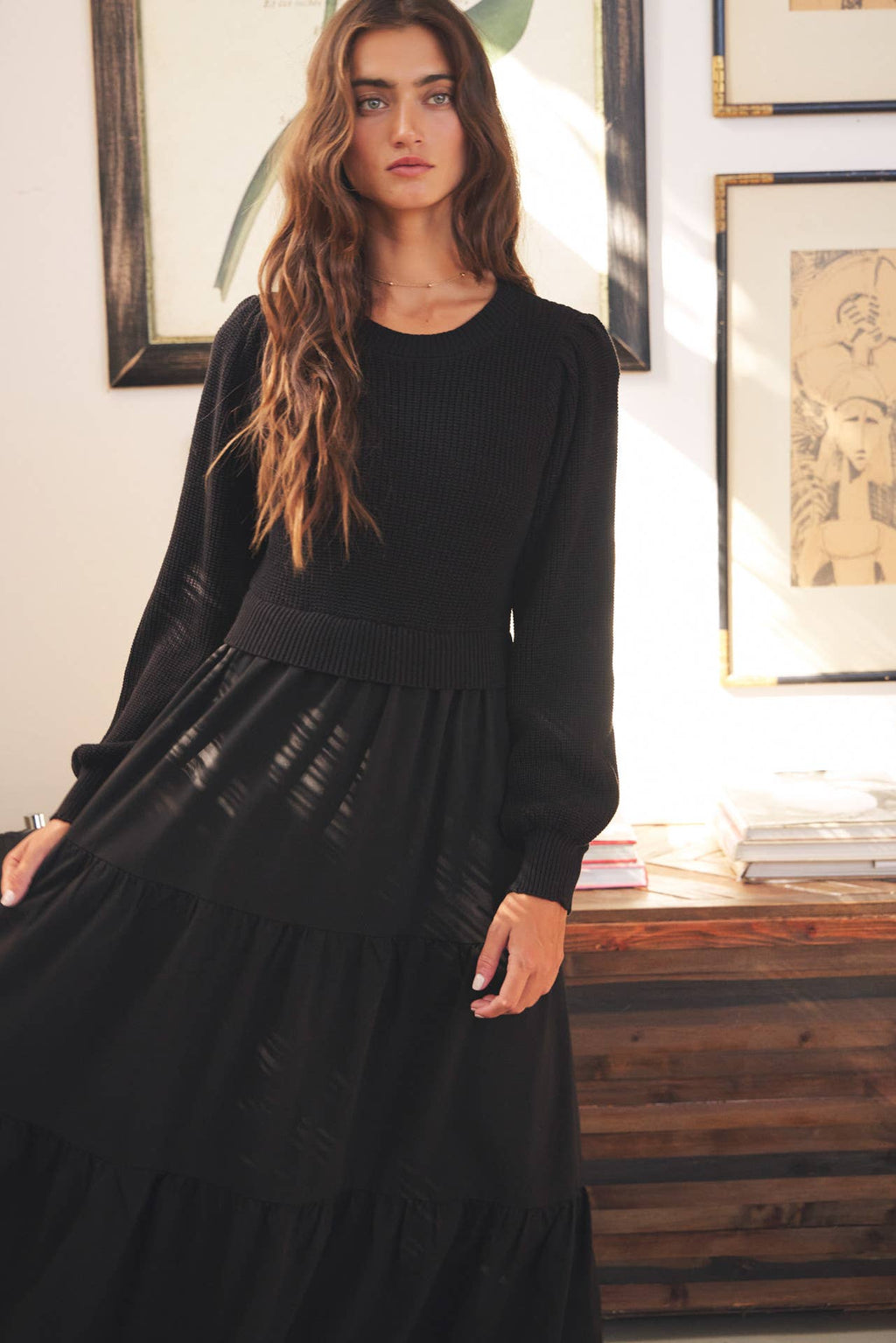 in february - SPECIAL MIXED MEDIA SWEATER MIDI DRESS WITH TIERED RUFFLES