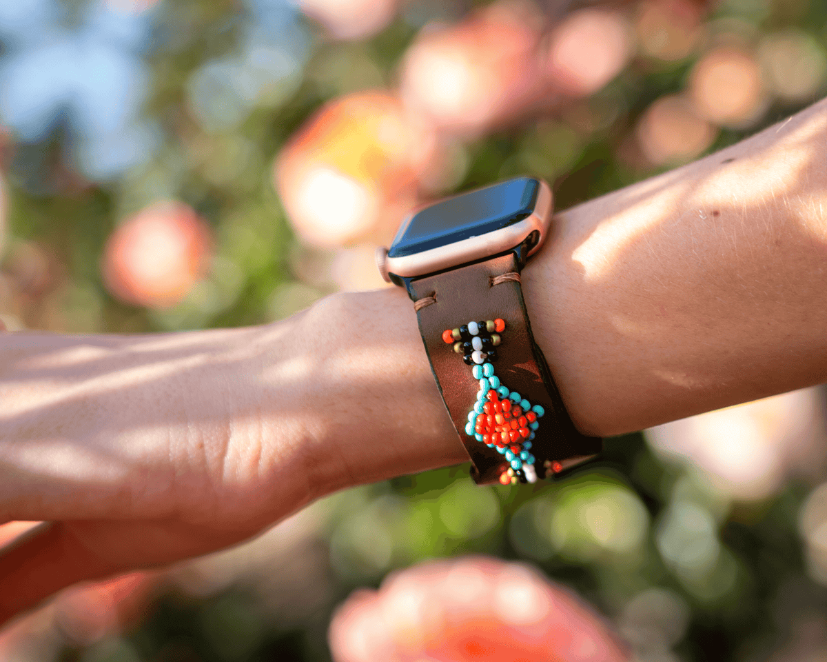 Beaded brown Apple Watch band featuring colorful glass beads in a western design, perfect for stylish daily wear.