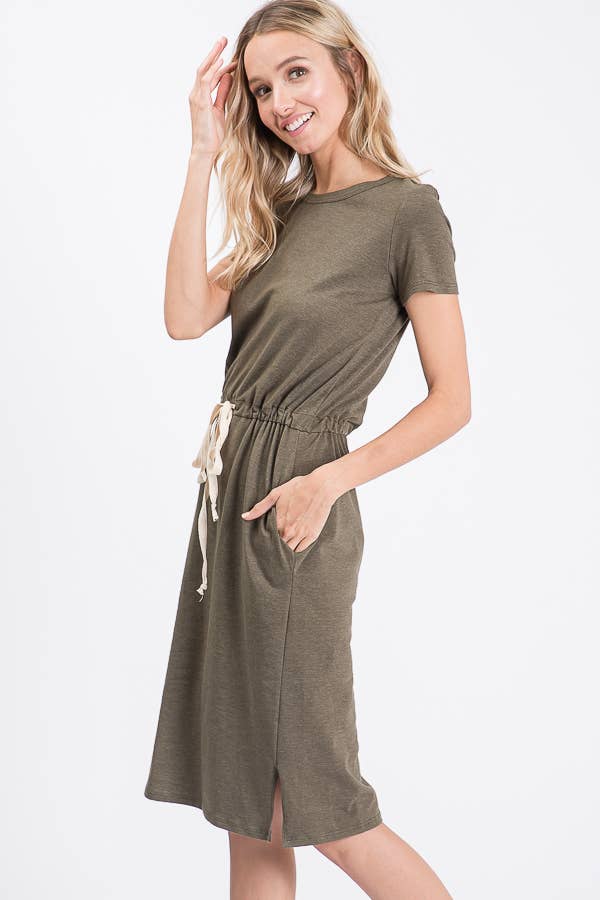 7th Ray - Everyday Drawstring Waist Side Pocket T-Shirt Dress D2465