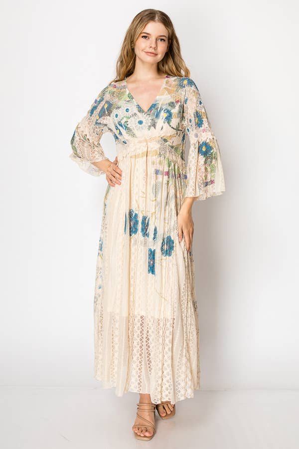 Origami Apparel ~  Lace and Crochet inspired - Romantic Lace Bell-Sleeved A-Line Midi Dress - 4658 BG JADE FL