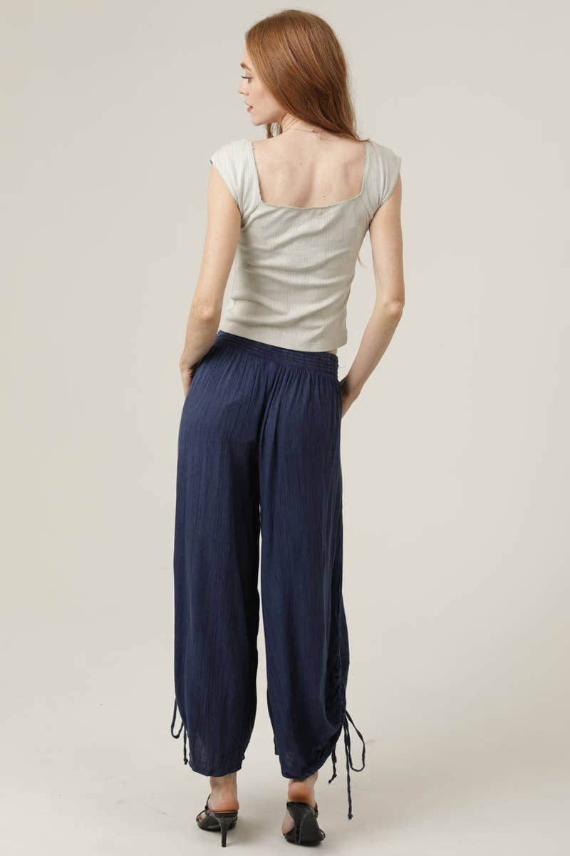 ANGIE - B3710-ASIS SIDE CINCH WIDE LEG PANTS WITH SMOCKED WAIST AND