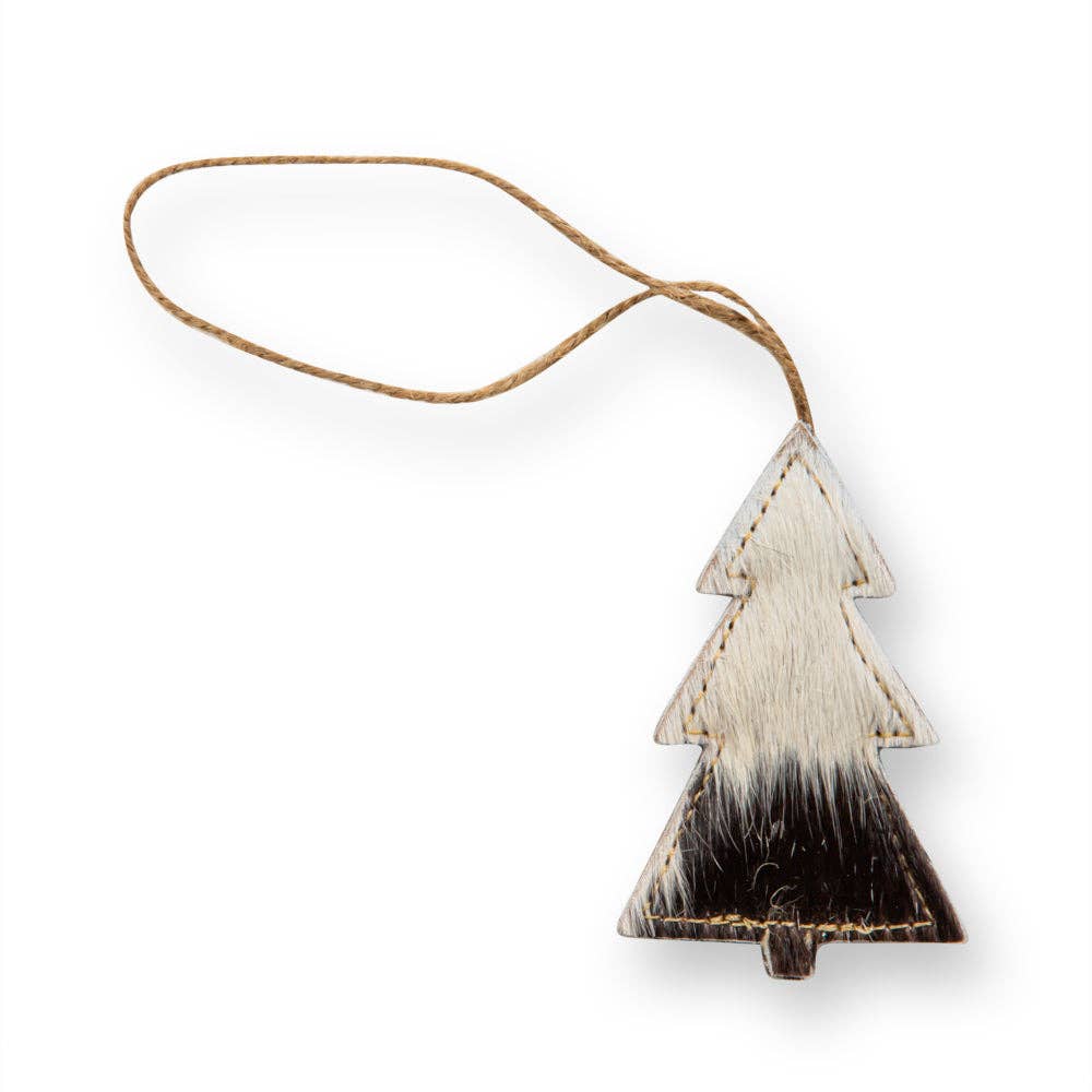 Black hair-on hide Christmas tree ornament with stitched edges and a natural jute hanger, showcasing a unique design.