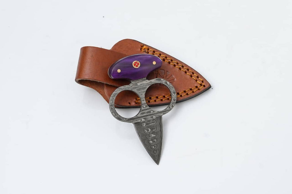 Titan International - Damascus Push Dagger with Purple Resin Handle & Leather Sheath