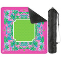 Vibrant Palm Beach Collection Mahjong mat with a pink border and tropical patterns, rolled up with a carrying bag included.