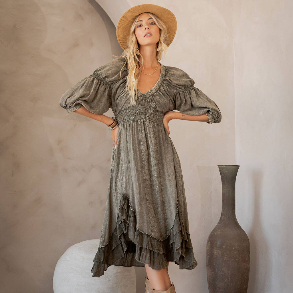 Young Threads - Effortless Elegance: Sheared & Elasticated V-Neck Dress