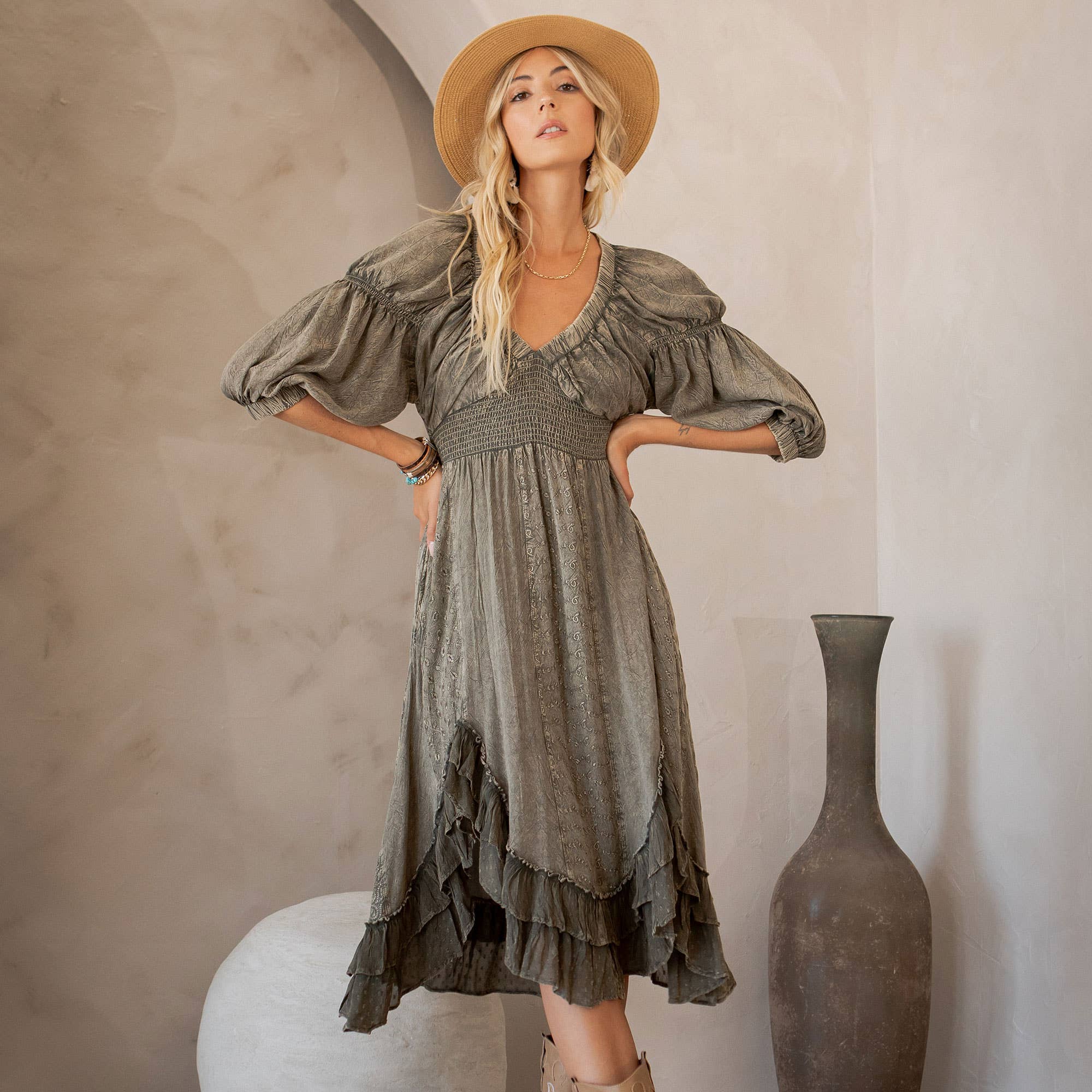Young Threads - Effortless Elegance: Sheared & Elasticated V-Neck Dress