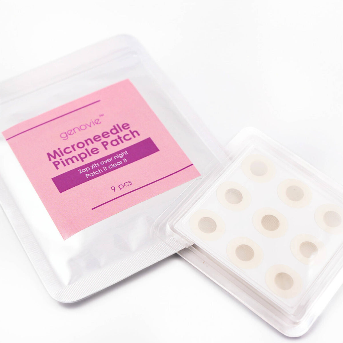 Nine microneedle pimple patches displayed in a clear pouch, designed for fast healing and calming redness.