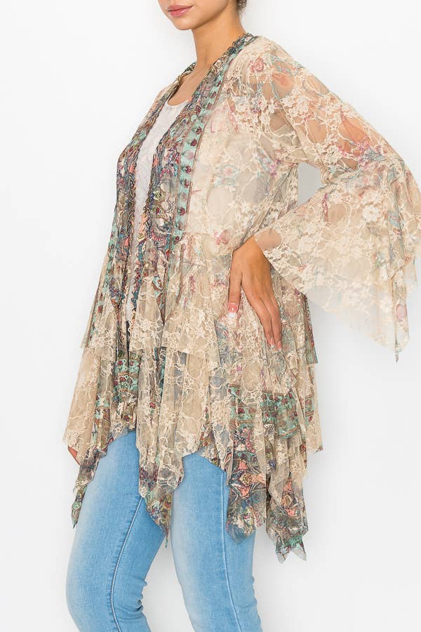 Origami Apparel ~  Lace and Crochet inspired - Classic All Lace Cardigan with Tiered Layers - 4618TP/TURQ