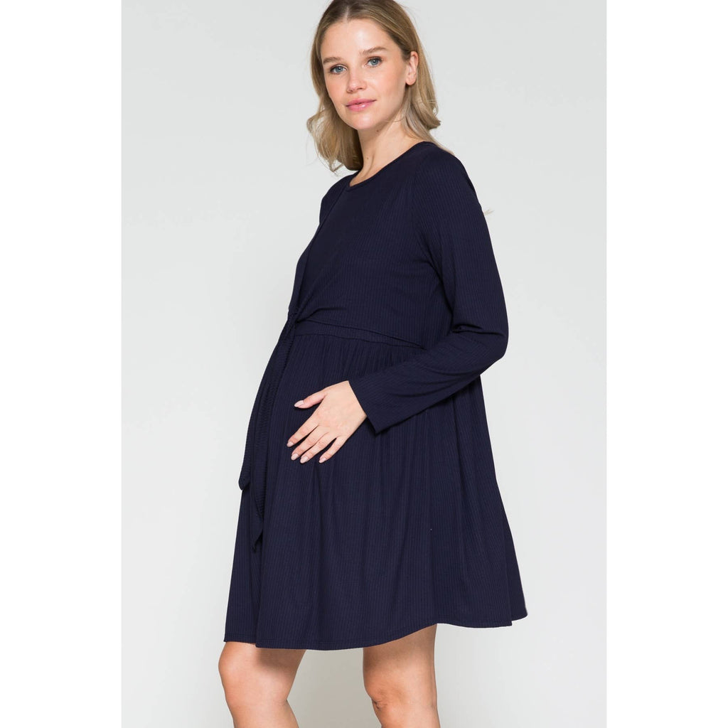 Story Teller - Maternity Wrap Waist Ruched Ruffle Spring Midi Dress