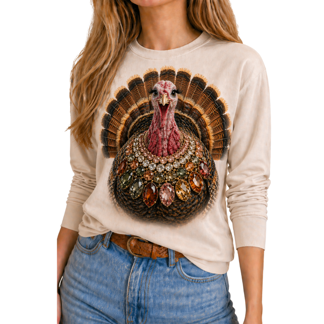 Long sleeve tee featuring a classic turkey graphic with a decorative collar of colorful stones on a natural background.