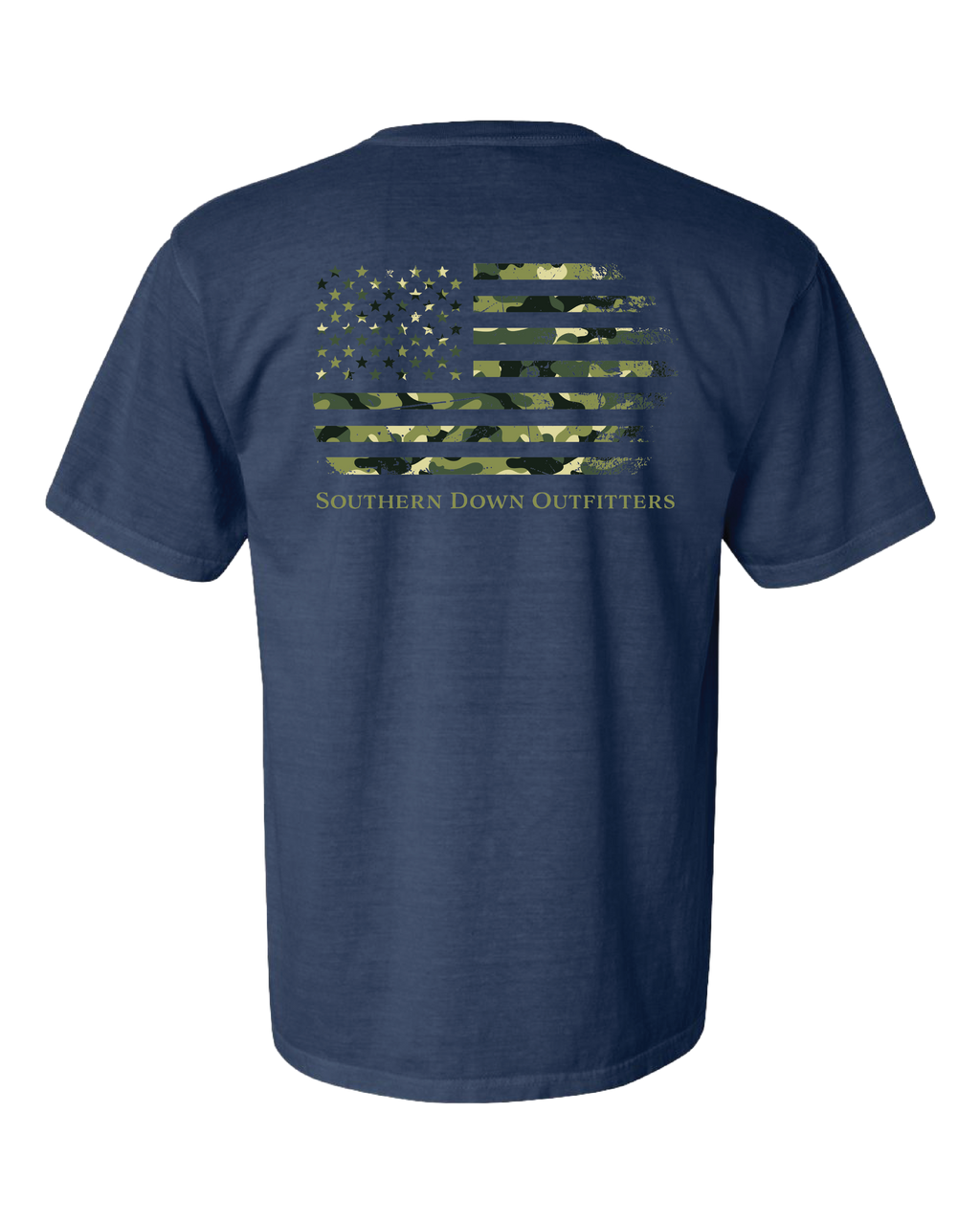 Dark blue relaxed fit t-shirt featuring a camouflage flag design with Southern Down Outfitters text beneath.