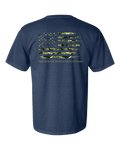 Dark blue relaxed fit t-shirt featuring a camouflage flag design with Southern Down Outfitters text beneath.