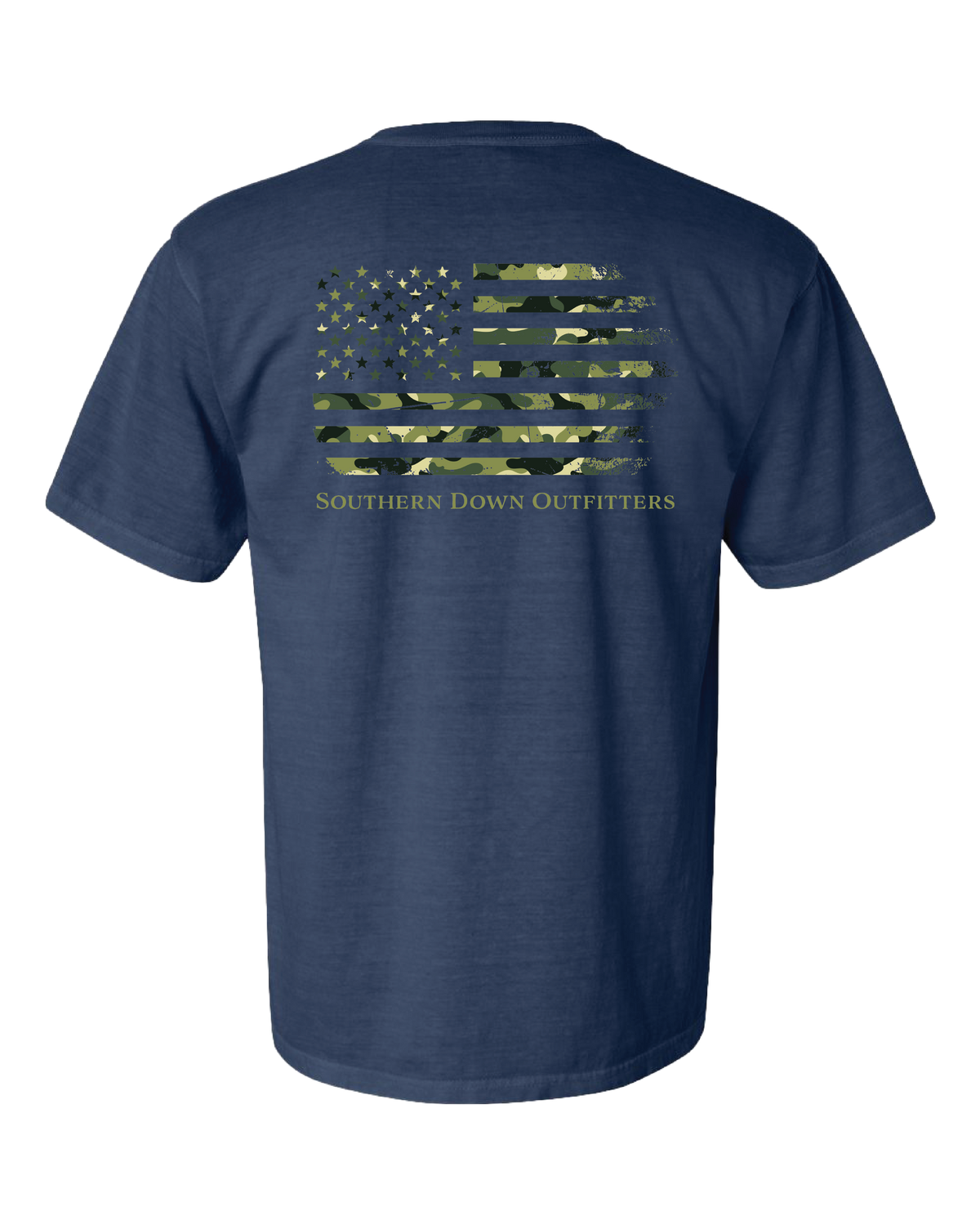 Dark blue relaxed fit t-shirt featuring a camouflage flag design with Southern Down Outfitters text beneath.