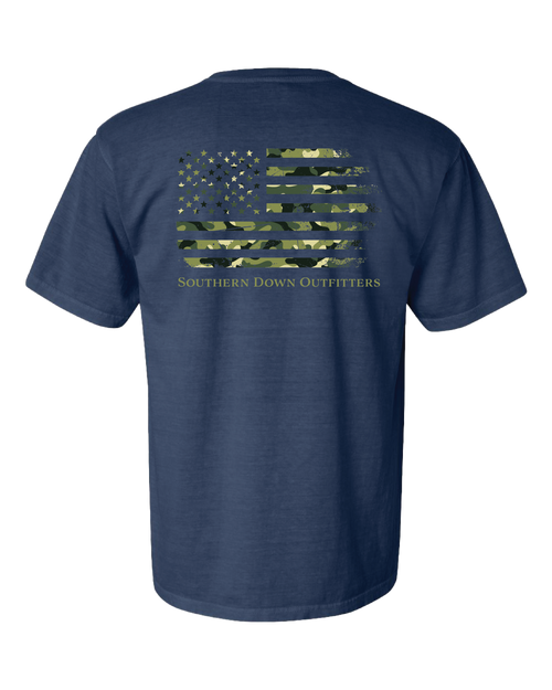 Dark blue relaxed fit t-shirt featuring a camouflage flag design with Southern Down Outfitters text beneath.