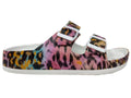Slip-on sandals featuring a multi-colored leopard print design with adjustable straps and a white sole, perfect for warm weather.