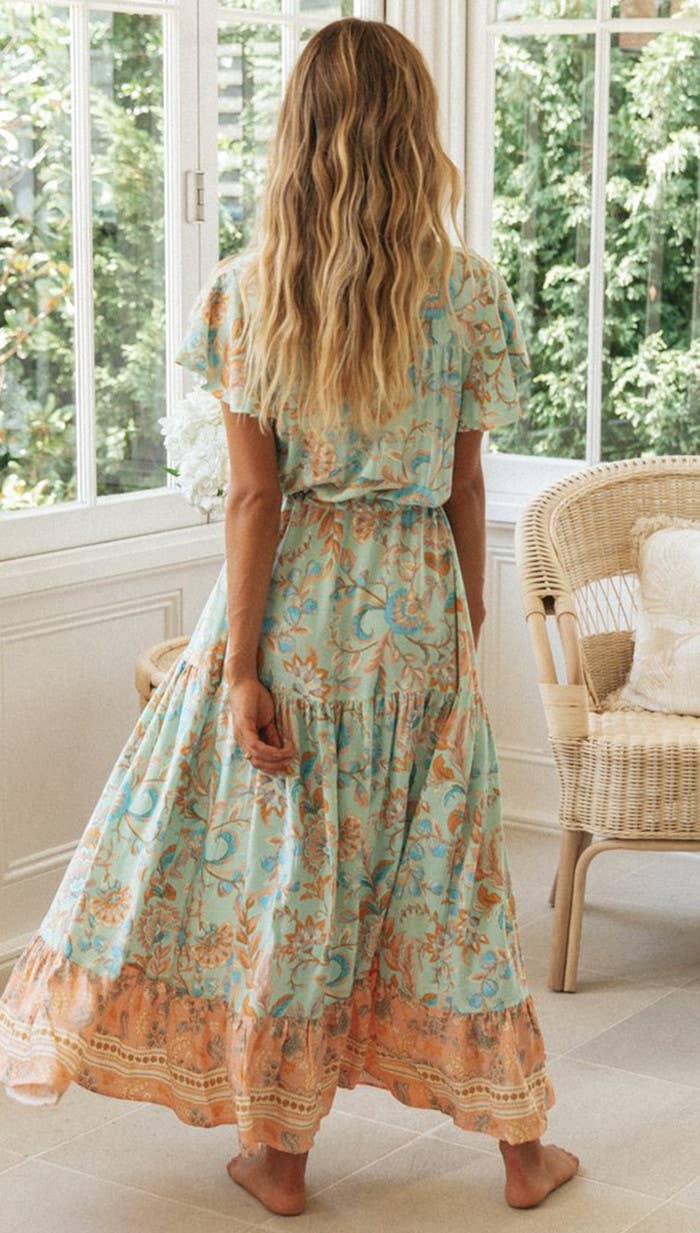 Rosa Clothing - Bohemia Border Print Flutter Sleeve Maxi Dress