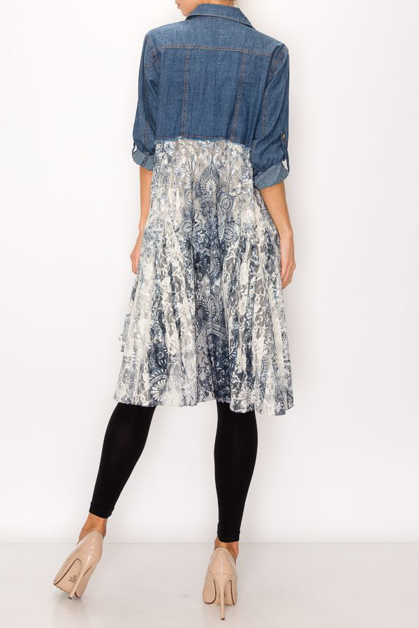 Origami Apparel ~  Lace and Crochet inspired - Chic Cropped Denim Lace Layer Jacket- 4510 DENIM/M GREY