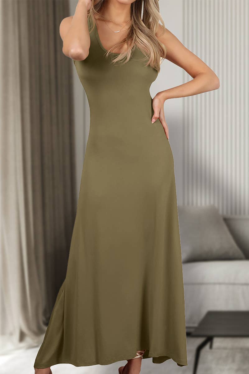 SLEEVELESS V-neck SOLID COLOR KNITTED LONG DRESS
